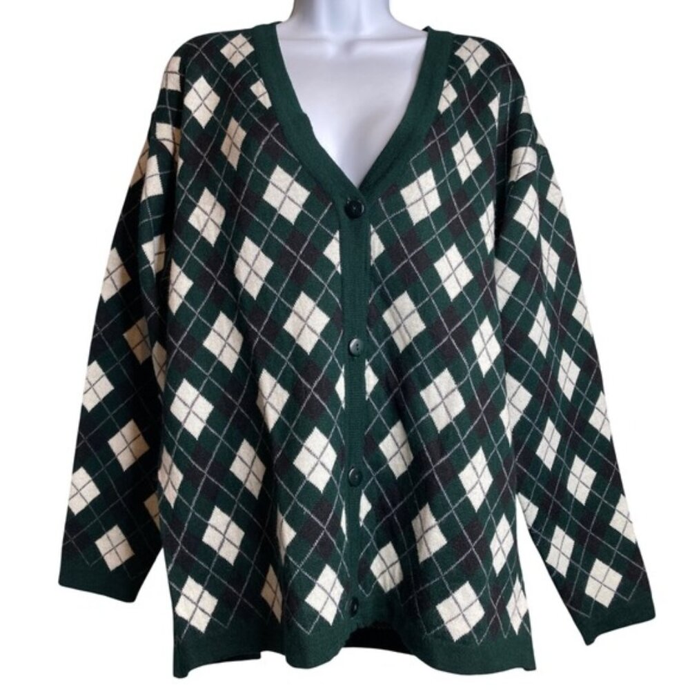 Vintage Rafaella‎ Womens Argyle Cardigan Sweater Sz M Merino Old Money Academia